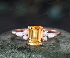 Elegant Rectangular Opal Ring, Elegant Emerald Cut Opal Ring Gift, Elegant Emerald-cut Opal Ring Gift, Citrine Rings, Citrine Engagement Ring, Citrine Ring Engagement, Opal Band, Engagement Ring Unique, Engagement Rings Opal