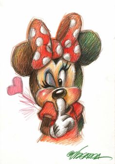 a drawing of minnie mouse holding a heart