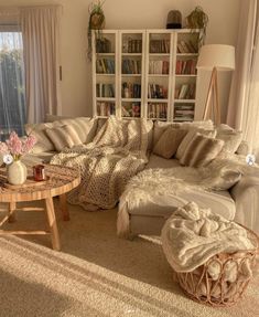 a living room filled with lots of furniture and bookshelves next to a window