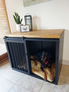 a black and brown dog laying on top of a bed in a wooden crate next to a window