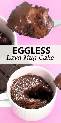 eggless lava mug cake with chocolate frosting and powdered sugar