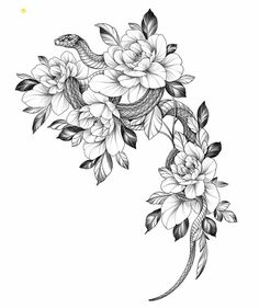 a black and white drawing of flowers with leaves on the bottom half of the image