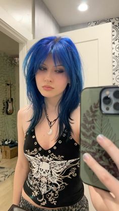 blue hair Jinx Blue Hair Color, All Blue Hair, Light Blue And Dark Blue Hair, Blue Shaggy Hair, Dark Blue Hair With Light Blue Streaks, Blue Strands In Hair, Blue Hair Women, Grey Blue Hair