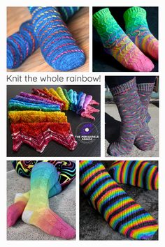 several different pictures of colorful socks with text overlay that says, knit the whole rainbow