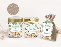 two small jars with labels on them sitting next to each other, one is filled with animals and the other has a tag that says thank you