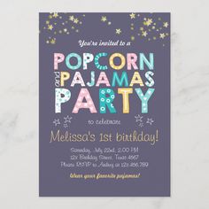 a purple and yellow birthday party card with the words pizza and pajamas party on it