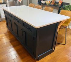 a large kitchen island with chairs around it