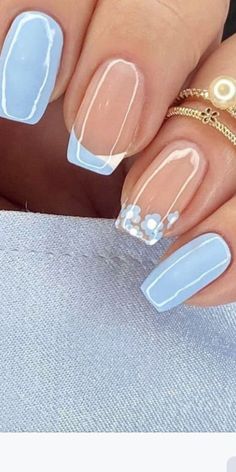 Blue Natural Nail Designs, Summer Nail Designs 2024 Square, Pink And Blue Nail Ideas, Polish Ideas For Short Nails, French Manicure With Blue, Confetti Nails, Light Blue Nails, Nails Fun