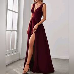 Dresses | New Luxe Deep V Split Leg Maxi Dress Flowy Burgundy Red | Poshmark Mardi Gras Date, Deep Plunge Dress, Maxi Dress Flowy, Deep Red Dress, Denim Maxi Dress, Split Legs, Dress Flowy, Deep Plunge, Flowy Maxi Dress