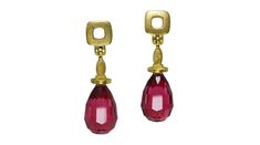 Šepkus E-238M 18K Yellow Gold “Hanging Fruit” Rubellite Tourmaline Briolette Drop Earrings Gold Earring Tops, Earring Tops, Gold Earring, Yellow Gold Earring, You Lost Me, Ear Jewelry