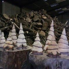 several different types of gnome hats on logs