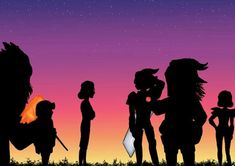 silhouettes of people standing in front of a purple sky