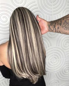 Chunky Blonde And Brown Highlights, Streaky Blonde Highlights On Dark Hair, Brown With Chunky Blonde Highlights, Black Hair Blonde Chunky Highlights, Blonde Hair With Chunky Lowlights, Heavy Platinum Highlights, Chunky Highlights Straight Hair, Chunky Highlights Black And Blonde, Mocha With Blonde Highlights