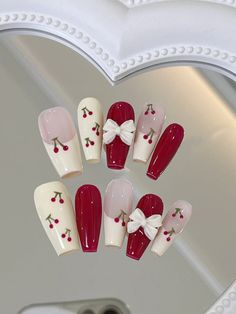 Cherry Core Press On Nails, Kawaii Press On Nails, Handmade Press On Nails Coffin, Reusable Press On Coquette Girlies, Cherry Core, Nails Japanese, Red Coquette, Nails Kawaii, Press On Nails Coffin, Cherry Design, Fake Nails Designs, Cute Simple Nails