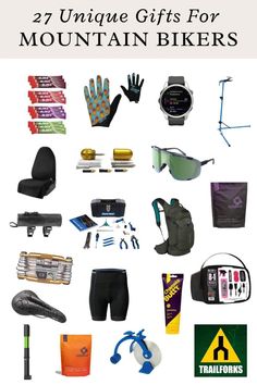 various items are arranged in the shape of a mountain biker's gear and accessories