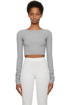 ÉTERNE: Gray Cropped Long Sleeve T-Shirt | SSENSE Fitted Cropped T-shirt For Fall, Fitted Crew Neck Top With Ribbed Cuffs, Stretch Cropped Hem Tops For Loungewear, Spring Cropped Top With Ribbed Cuffs, Casual Fitted Top With Ribbed Cuffs, Fitted Cropped T-shirt For Spring, Cropped Cotton Tops With Ribbed Cuffs, Long Sleeve Cami Top, Designer Tops For Women