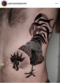 a man with a tattoo on his stomach that has a rooster in the middle of it