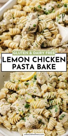 lemon chicken pasta bake in a white dish with the title overlay reading gluten & dairy free lemon chicken pasta bake