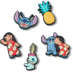 four pin badges with cartoon characters and pineapples in the middle one is wearing a red shirt