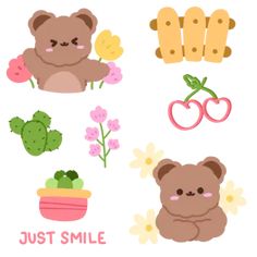 a set of cute teddy bears with flowers and plants