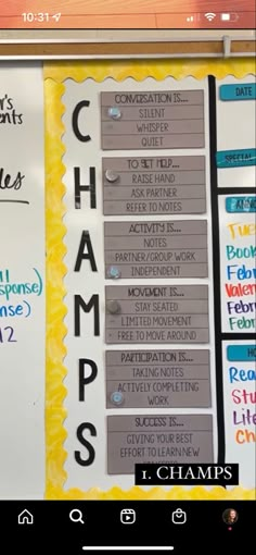 a bulletin board with the words champs written on it