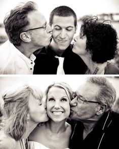 a couple kissing their parents on the cheek in black and white photos, with three different angles