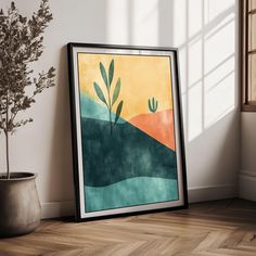 a painting on the wall next to a potted plant