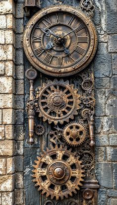 an old clock with gears attached to the side of a brick wall in front of a window