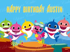 a birthday card with five little sharks in the ocean and one is wearing a mask