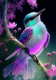 a colorful bird sitting on top of a tree branch next to pink and purple flowers