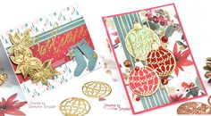 two christmas cards, one with ornaments and the other with gold foil on it's edges