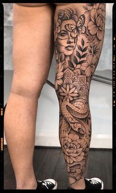 Leg Tattoo Inspiration Detailed Leg Tattoos, Bottom Leg Sleeve Tattoo Women, Womens Tattoo Leg Sleeve, Long Leg Tattoo Design, Women Floral Leg Sleeve, Leg Tattoos Women Strength, Henna Leg Tattoos For Women, Female Tattoo Leg Sleeve, Lower Leg Sleeve Tattoo Women