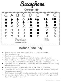 the saxophone score sheet is shown in black and white, with words below it that read'before you play '