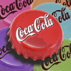 a bottle cap with the word coca - cola on it in different colors and shapes