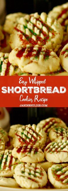 shortbread christmas cookies with red and green sprinkles on top, in front of the words easy whipped shortbread christmas cookies