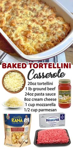 baked tortellini casserole recipe with text overlay