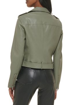 Glinting zips, a belted hem and sleek epaulets give a heap of bad-to-the-bone style to a rugged moto jacket cut from water-repellent faux leather. 20" length Asymmetrical front-zip closure Epaulets Notched lapels Long sleeves with zip cuffs Front zip pockets Adjustable belt at hem Water repellent Fully lined 100% polyurethane Machine wash, tumble dry Imported Coats Chic Biker Jacket With Belt Loops For Spring, Chic Spring Biker Jacket With Belt Loops, Spring Biker Leather Jacket With Belt Loops, Biker Leather Jacket With Belt Loops For Spring, Fitted Leather Jacket With Belt Loops For Spring, Chic Fitted Biker Jacket With Belt Loops, Fall Biker Leather Jacket With Belt Loops, Moto Style Belted Workwear Outerwear, Moto Style Belted Outerwear For Work