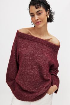 Knitted Off Shoulder Sweater Red Tops Fall Outfits, Off Shoulder Design, Low Waist Jeans, Off Shoulder Sweater, Burgundy Sweater, Sleepwear Sets, Business Outfit, Fall Jackets, Tops Fall