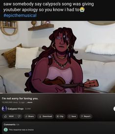 an animated woman sitting on top of a couch in front of a tv screen with the caption saying, i'm not sorry for loving you