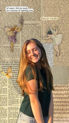 a girl standing in front of a newspaper with butterflies on it