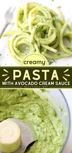 creamy pasta with avocado cream sauce in a food processor and on the side