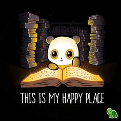 a panda bear sitting on top of an open book in front of stacks of books