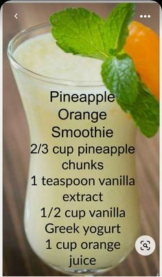 an orange smoothie is shown in a glass with the ingredients labeled on it,