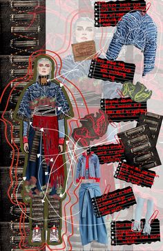 a collage of different types of clothing and text on a piece of paper with red lines