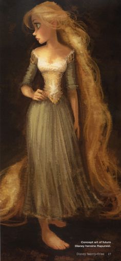 a painting of a woman with long blonde hair wearing a dress and standing in front of a dark background