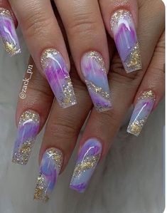 Gelled Nails, Purple And Gold Nails, Nail Lengths, Nails Styles, Purple Acrylic Nails, Nagel Tips, Pretty Nail Art