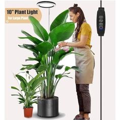 a woman standing next to a potted plant in front of a tv remote control