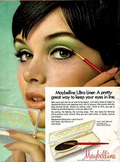 1970s Makeup, 1960s Makeup, Maybelline Eyeliner, Vintage Makeup Ads, 60s Makeup, Besame Cosmetics, 70s Makeup, Makeup Ads, Retro Makeup