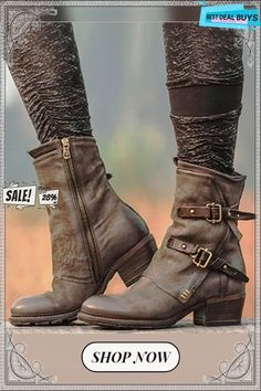 Western Style Retro Buckle Casual Mid Rise Boots Plus Size Boots, Thick Heel Boots, Best Boots, Chunky Ankle Boots, Mid Heel Boots, Chunky Heel Ankle Boots, Low Heel Boots, Warm Shoes, Chunky Heels Boots