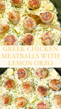 Ground chicken meatballs made with Greek spices and lemon orzo. Baked Sage Chicken Meatballs With Orzo, Country Club Chicken, Lemon Orzo Meatball, Orzo And Chicken Meatballs, Easy Greek Chicken Meatballs With Lemon Orzo, Dinner For 1 Ideas, Chicken Meatball Orzo Recipes, Greek Meatballs And Orzo, Orzo With Meatballs